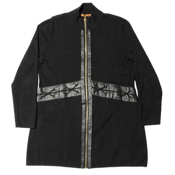 Women's Tunic Sweater Full Front Zip Faux Leather Lace Up Waist Detail Trim XL - Picture 1 of 12